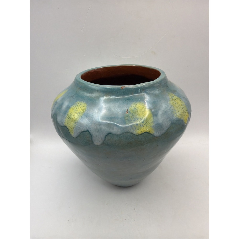 Studio Art Drip Glaze Turquoise Yellow Vase Red Clay BEA 12/58